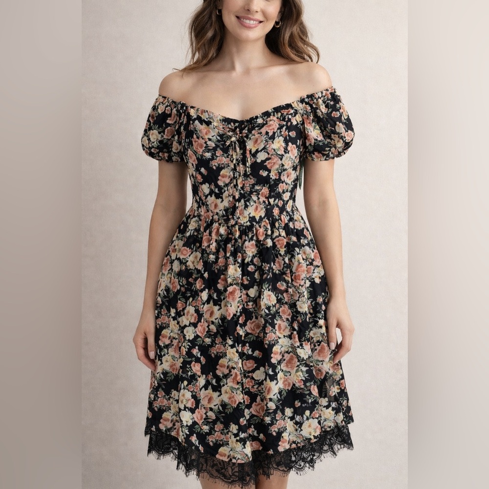 Simons LISTICLE Floral Lace-Trim Midi Dress Size Small NWT